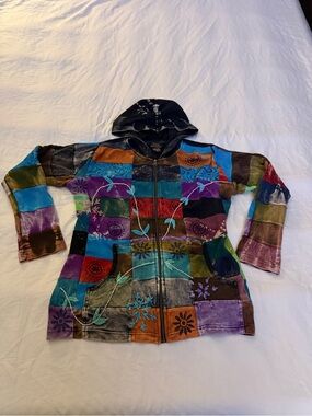Vintage Bohemian Patchwork Zip-Up Hoodie Jacket - Multicolor